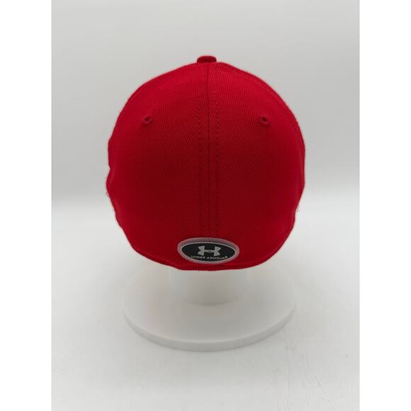 Under Armour Red Hat Mens Fitted Baseball Cap Stretch Fit Black Logo UA - Picture 3 of 5